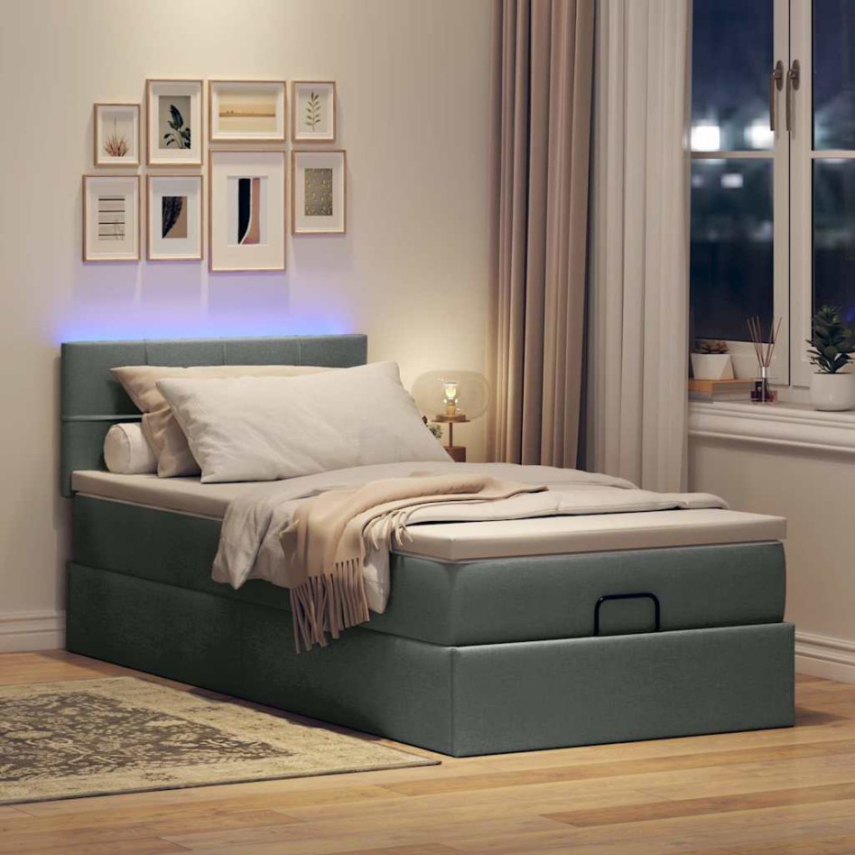 Cama otomana con colchón y LED tela gris oscuro
