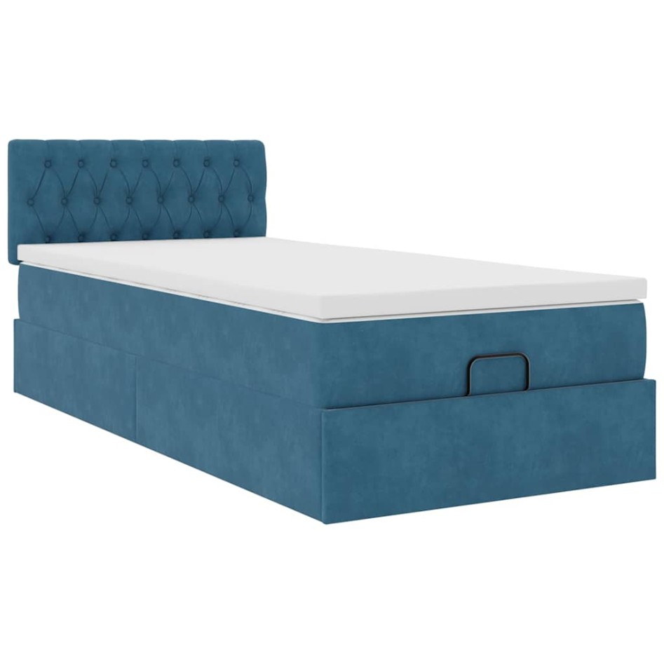 Estructura de cama otomana con colchón terciopelo azul