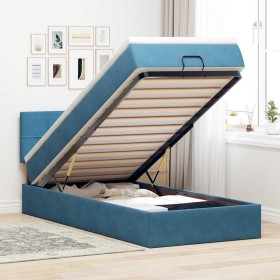 Cama otomana con colchón y LED terciopelo azul oscuro 80x200