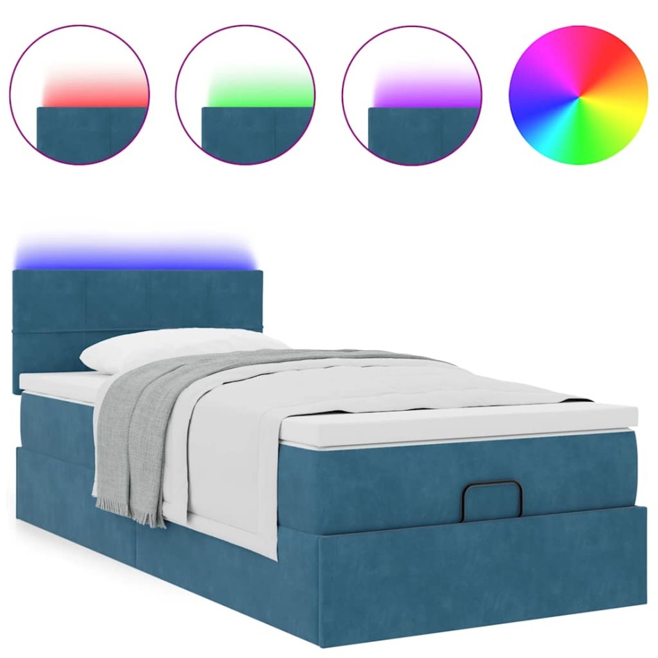 Cama otomana con colchón y LED terciopelo azul oscuro 80x200