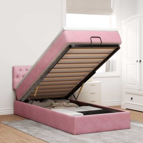 Estructura de cama otomana colchón terciopelo rosa