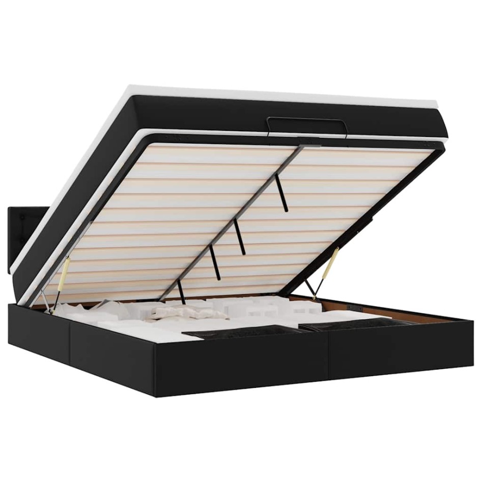 Cama otomana colchón y LED cuero sintético negro 160x200