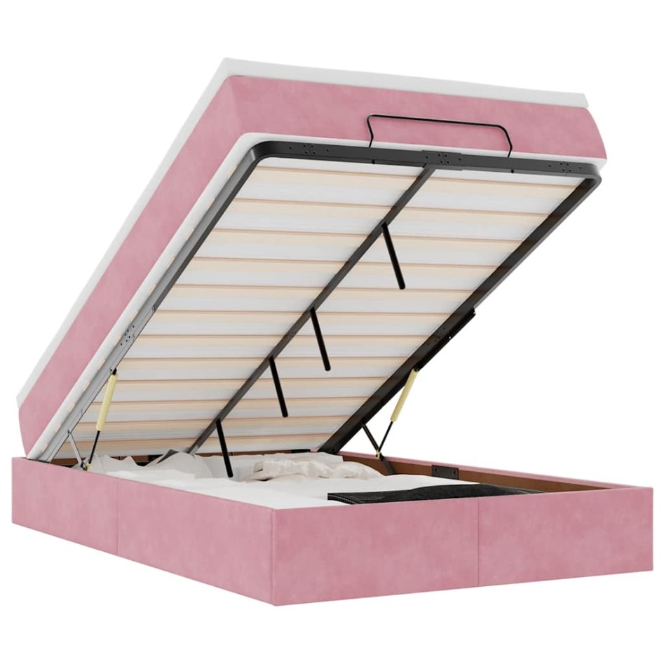 Estructura de cama otomana colchón terciopelo rosa