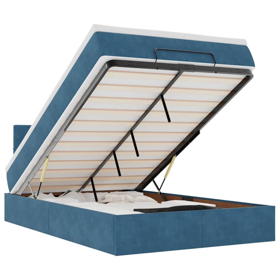 Estructura de cama otomana colchón terciopelo azul