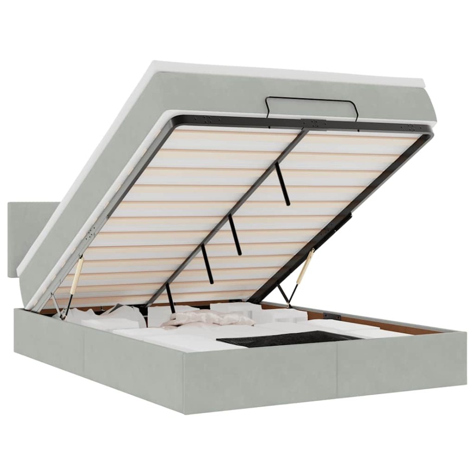 Estructura cama otomana colchón terciopelo gris claro