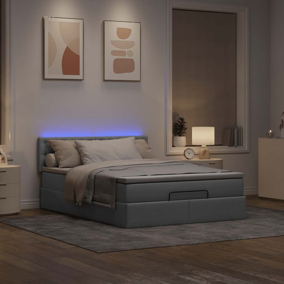 Cama otomana con colchón LED gris claro 140x190 cm