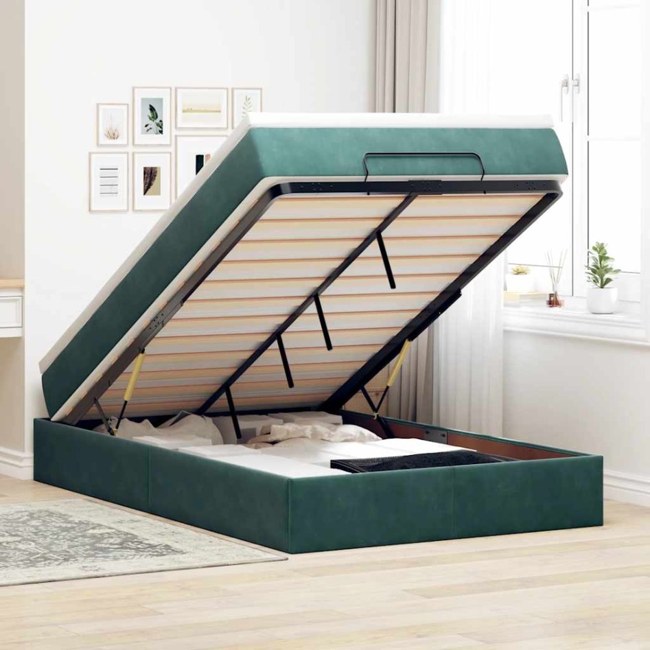 Estructura cama otomana colchón terciopelo verde
