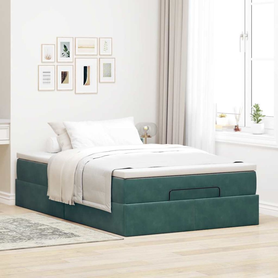Estructura cama otomana colchón terciopelo verde