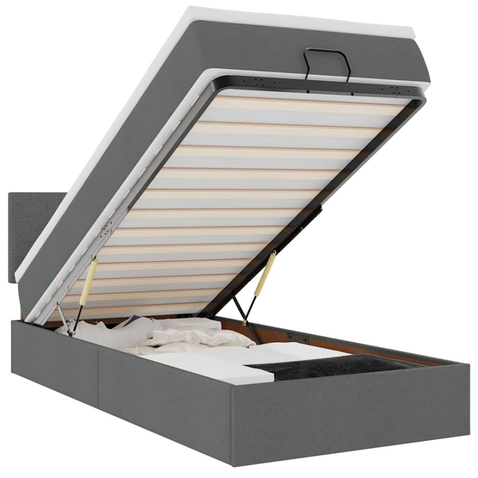 Cama otomana con colchón y LED tela gris oscuro
