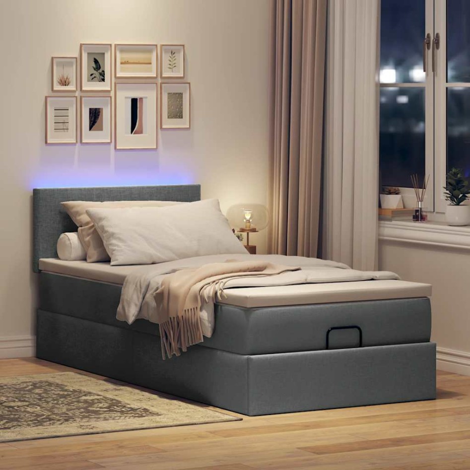 Cama otomana con colchón y LED tela gris oscuro
