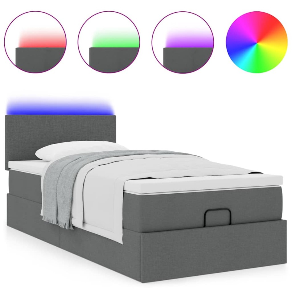Cama otomana con colchón y LED tela gris oscuro