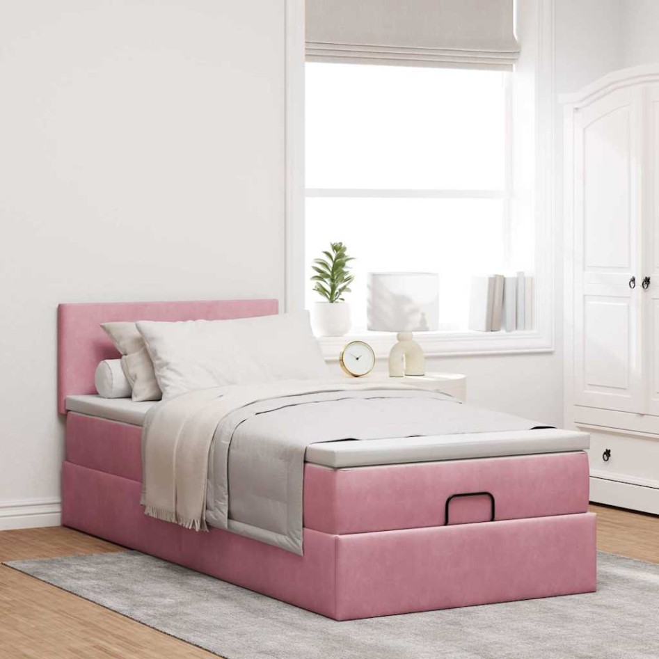 Cama otomana con colchón y LED terciopelo rosa 80x200