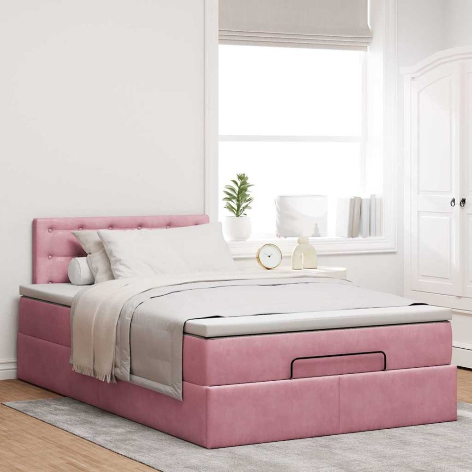 Estructura de cama otomana colchón terciopelo rosa