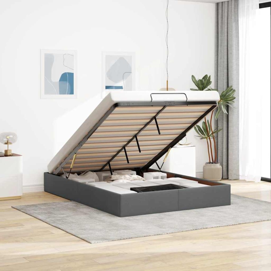 Estructura cama otomana sin colchón tela gris oscuro