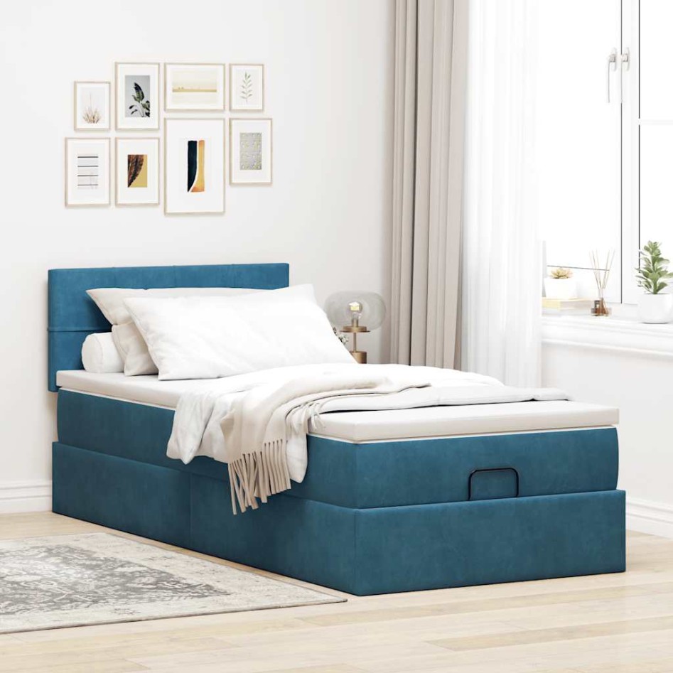 Estructura de cama otomana colchón terciopelo azul