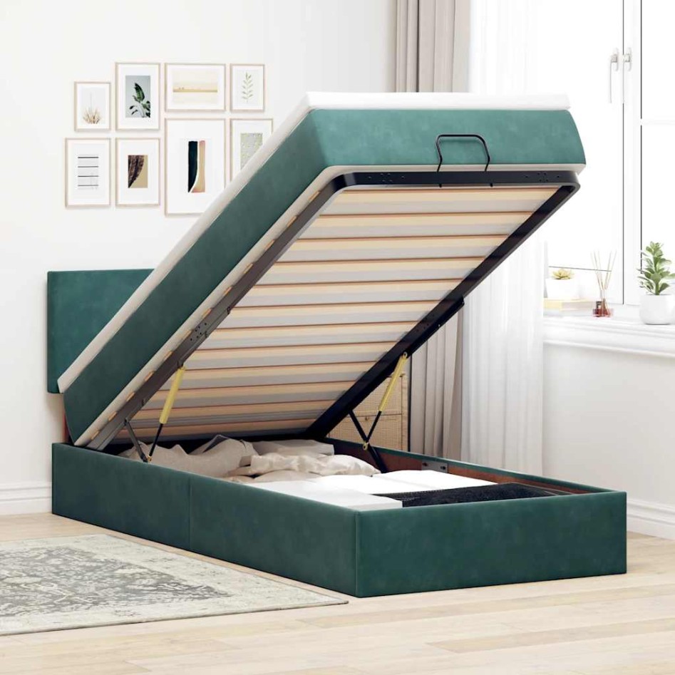 Estructura de cama otomana con colchón terciopelo verde