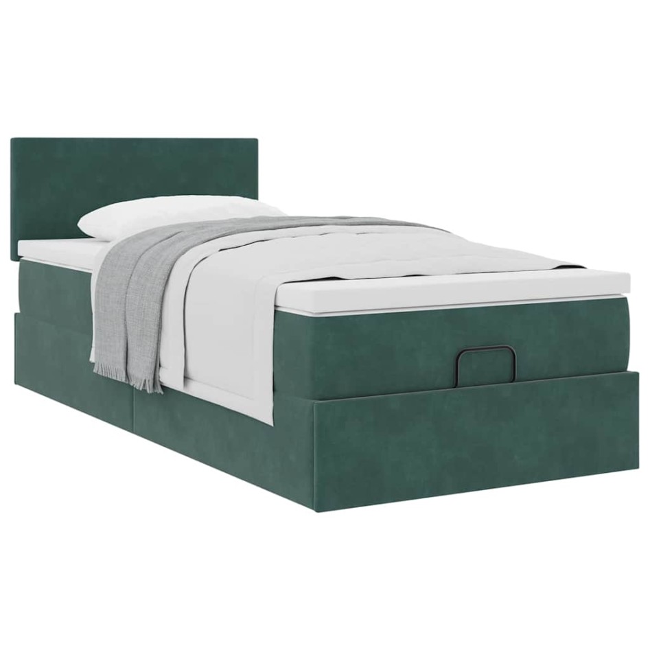 Estructura de cama otomana con colchón terciopelo verde