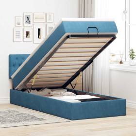 Estructura cama otomana colchón terciopelo azul