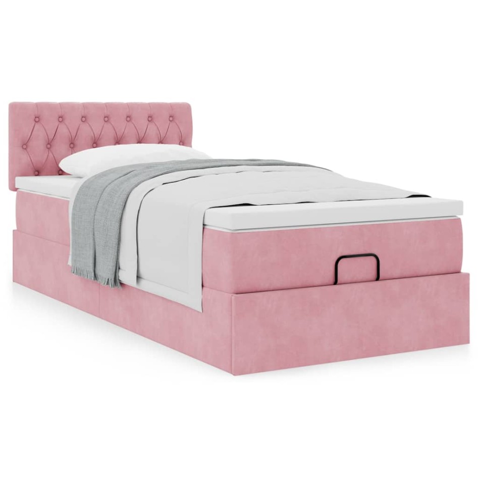 Estructura de cama otomana colchón terciopelo rosa