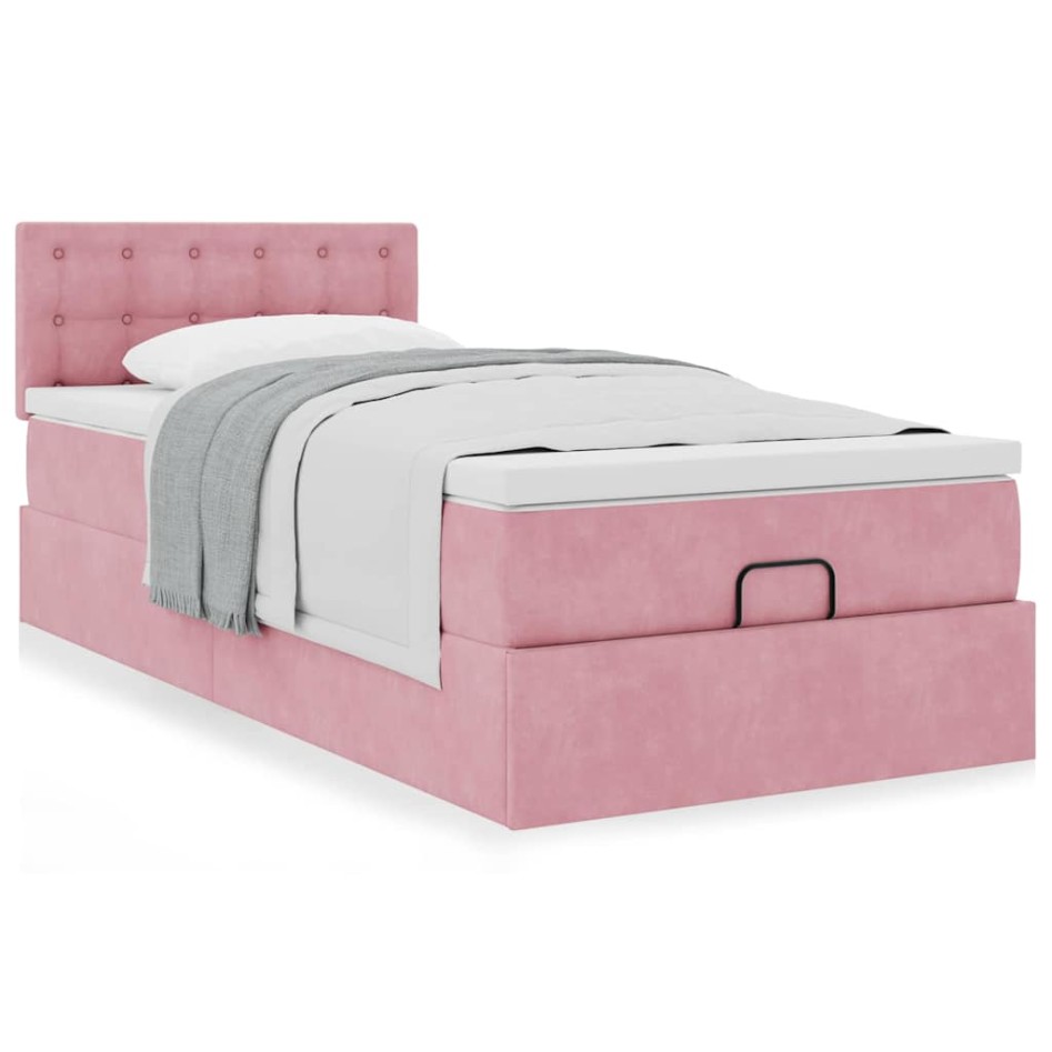 Estructura de cama otomana colchón terciopelo rosa