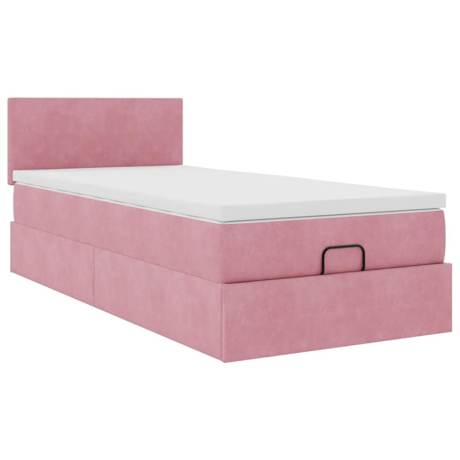 Estructura de cama otomana colchón terciopelo rosa