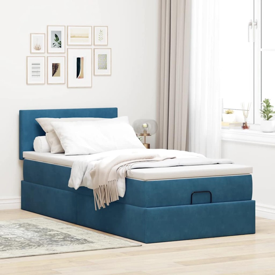 Estructura de cama otomana con colchón terciopelo azul