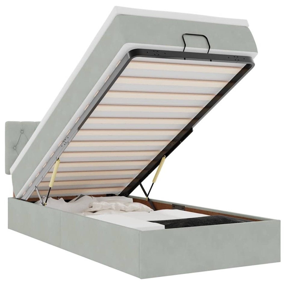 Estructura cama otomana colchón terciopelo gris claro