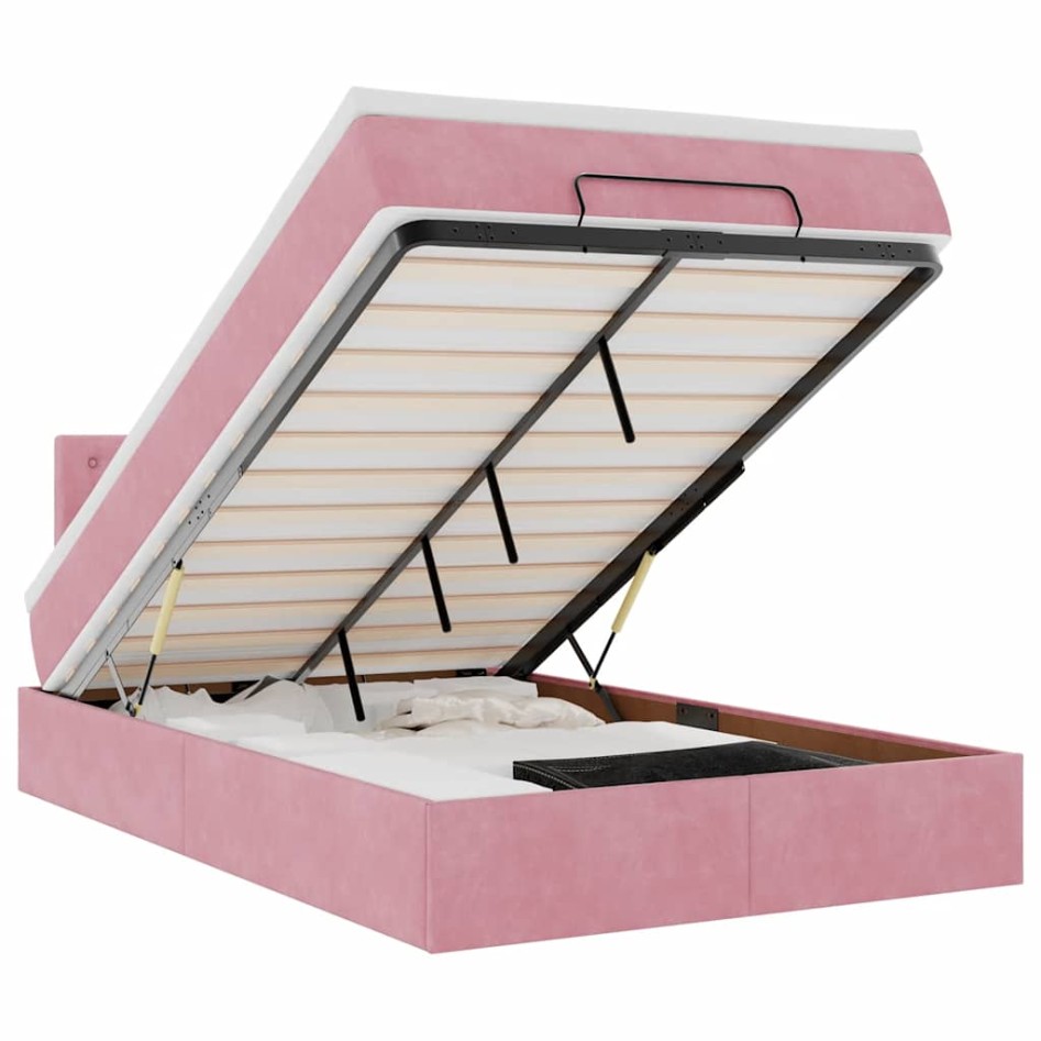 Estructura de cama otomana colchón terciopelo rosa