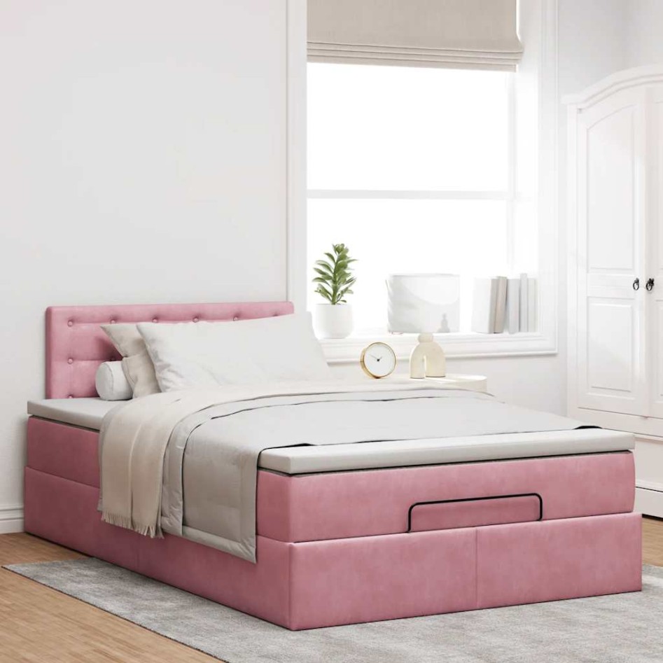 Estructura de cama otomana colchón terciopelo rosa