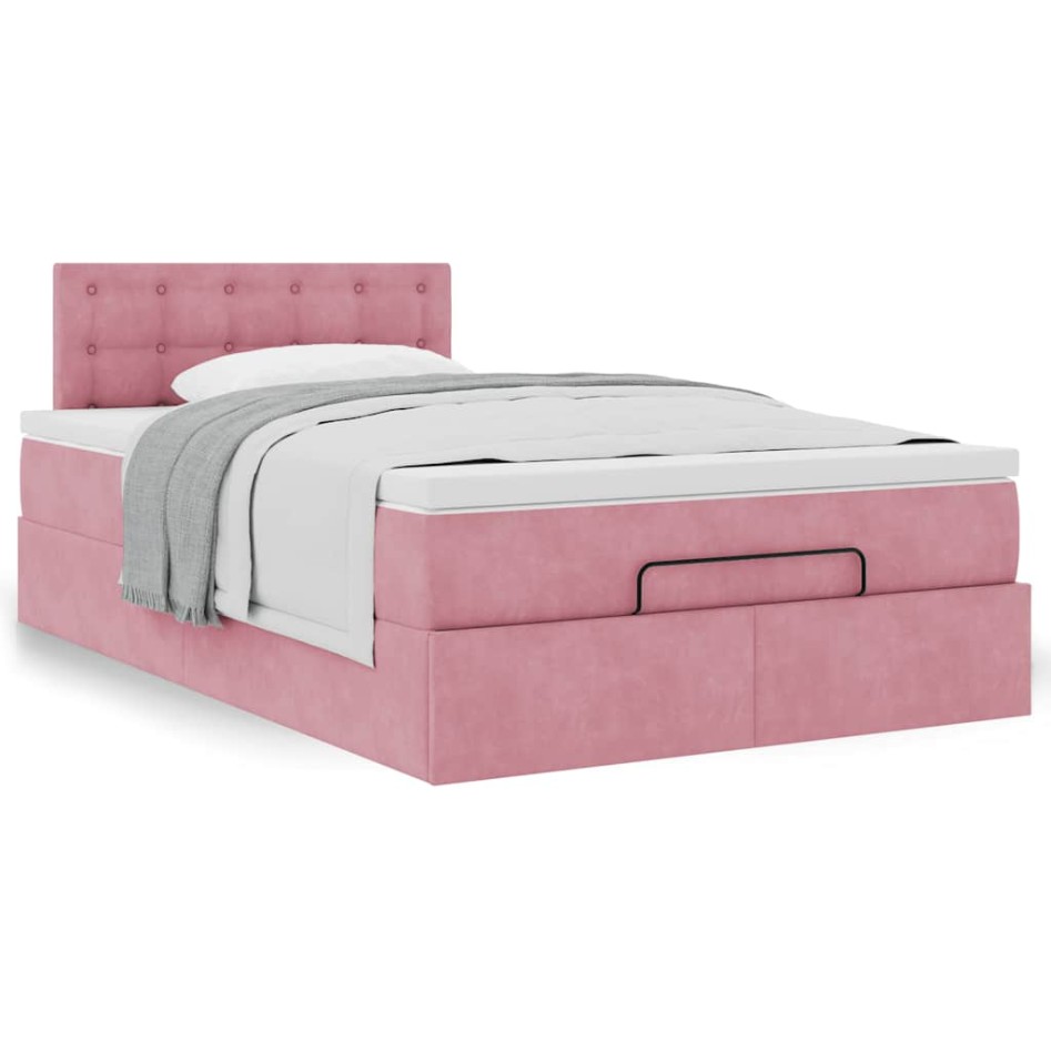 Estructura de cama otomana colchón terciopelo rosa
