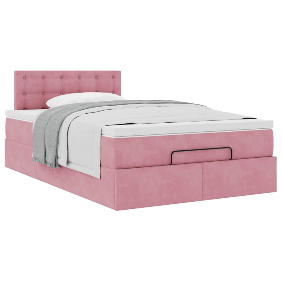 Estructura de cama otomana colchón terciopelo rosa