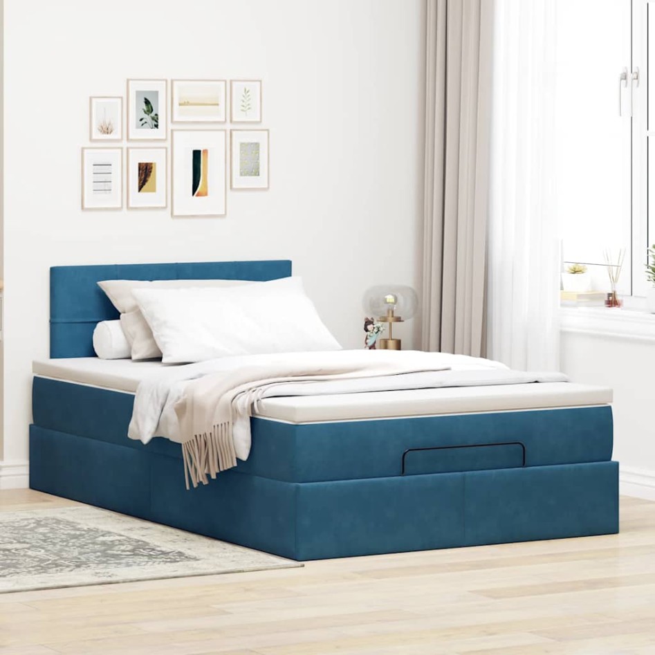 Estructura de cama otomana colchón terciopelo azul