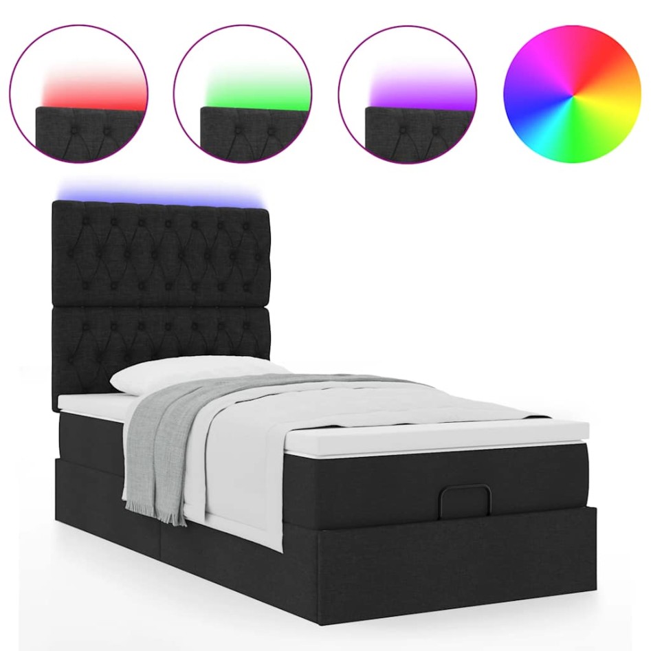 Cama otomana con colchón y luces LED tela negra