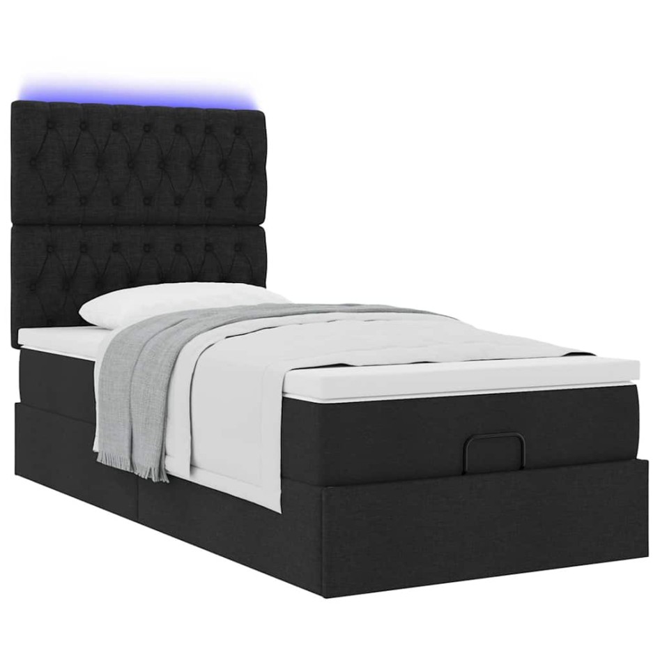 Cama otomana con colchón y luces LED tela negra