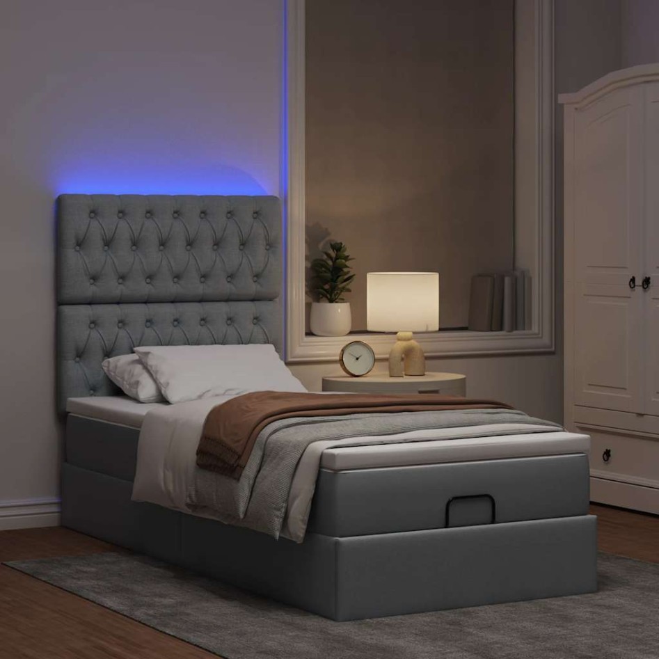 Cama otomana con colchón y LED tela gris claro