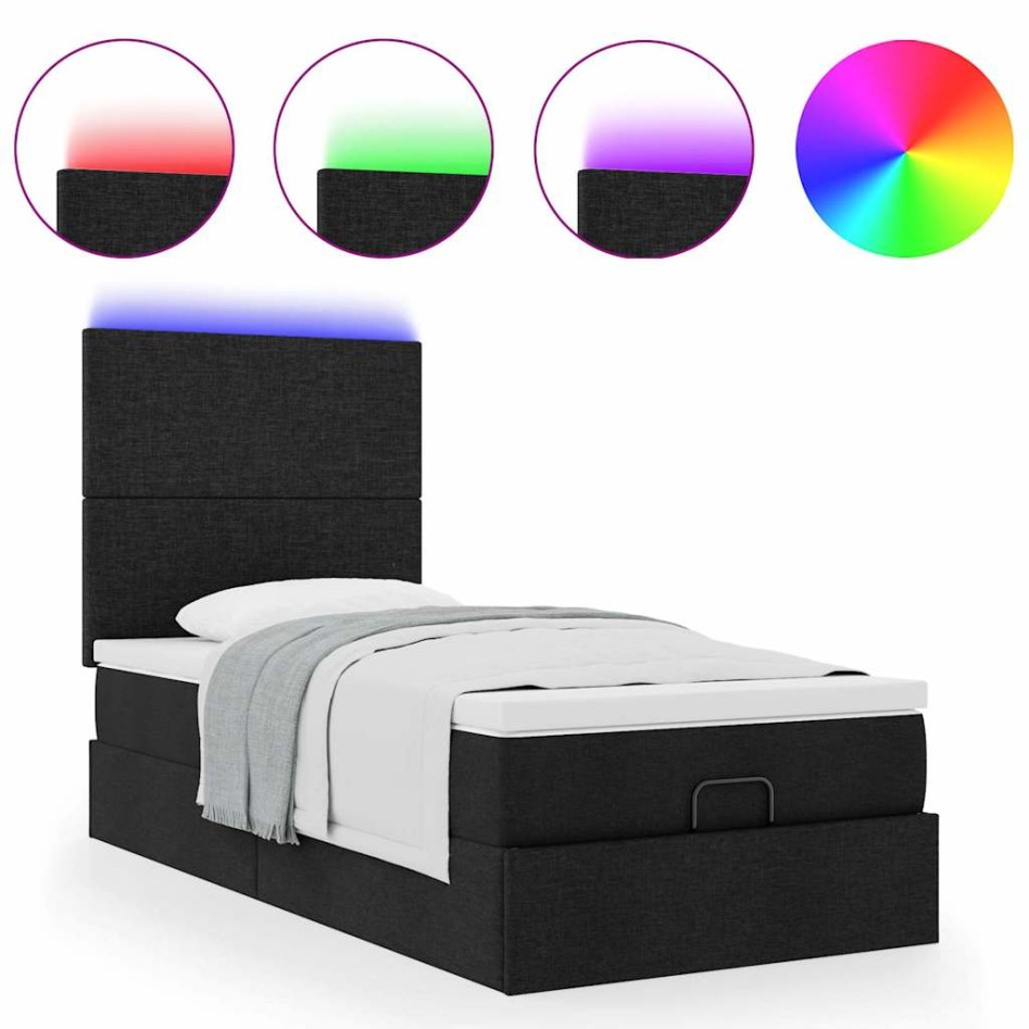Cama otomana con colchón y luces LED tela negra