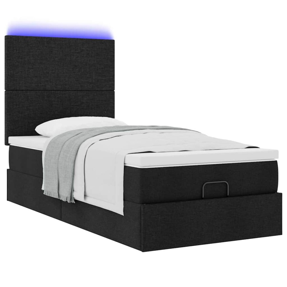 Cama otomana con colchón y luces LED tela negra