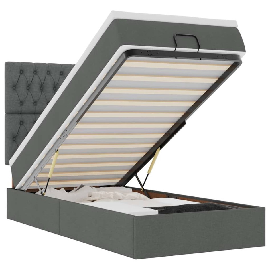 Cama otomana con colchón y LED tela gris oscuro 90x200
