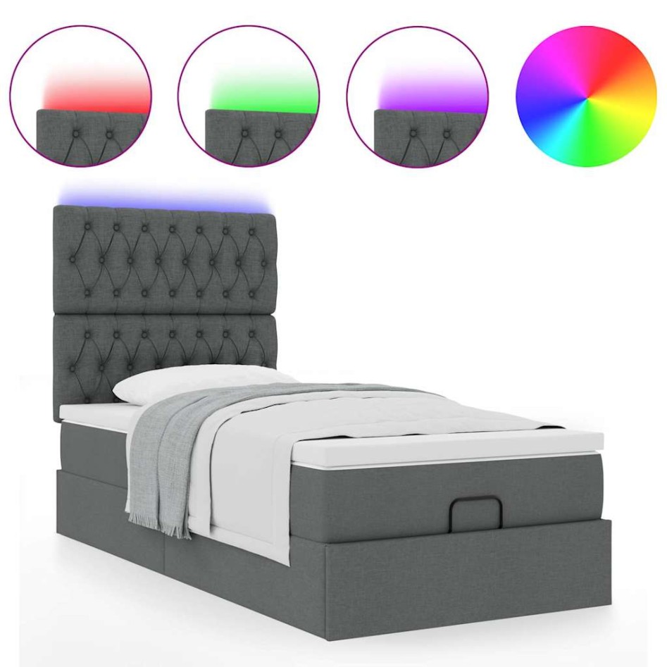 Cama otomana con colchón y LED tela gris oscuro 90x200