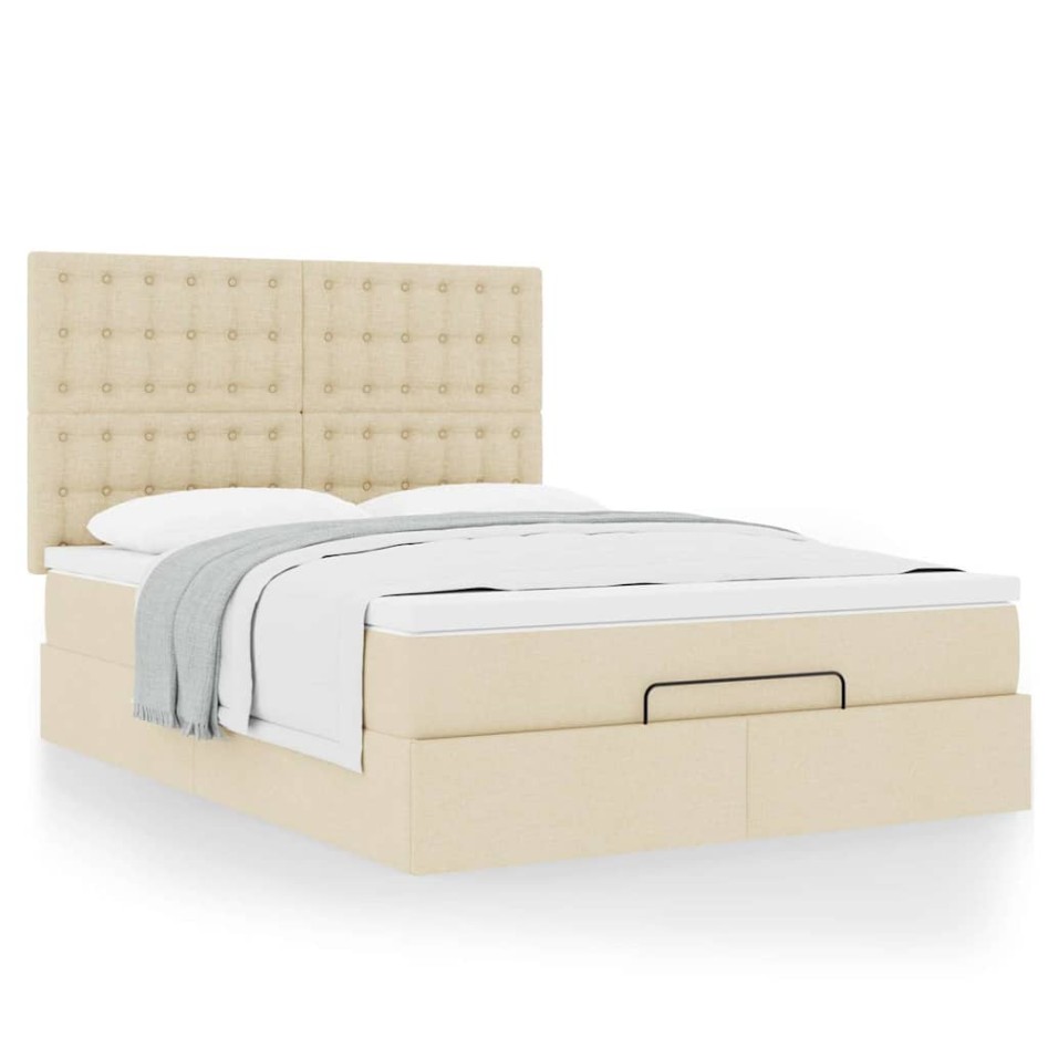 Estructura de cama otomana con colchón tela crema