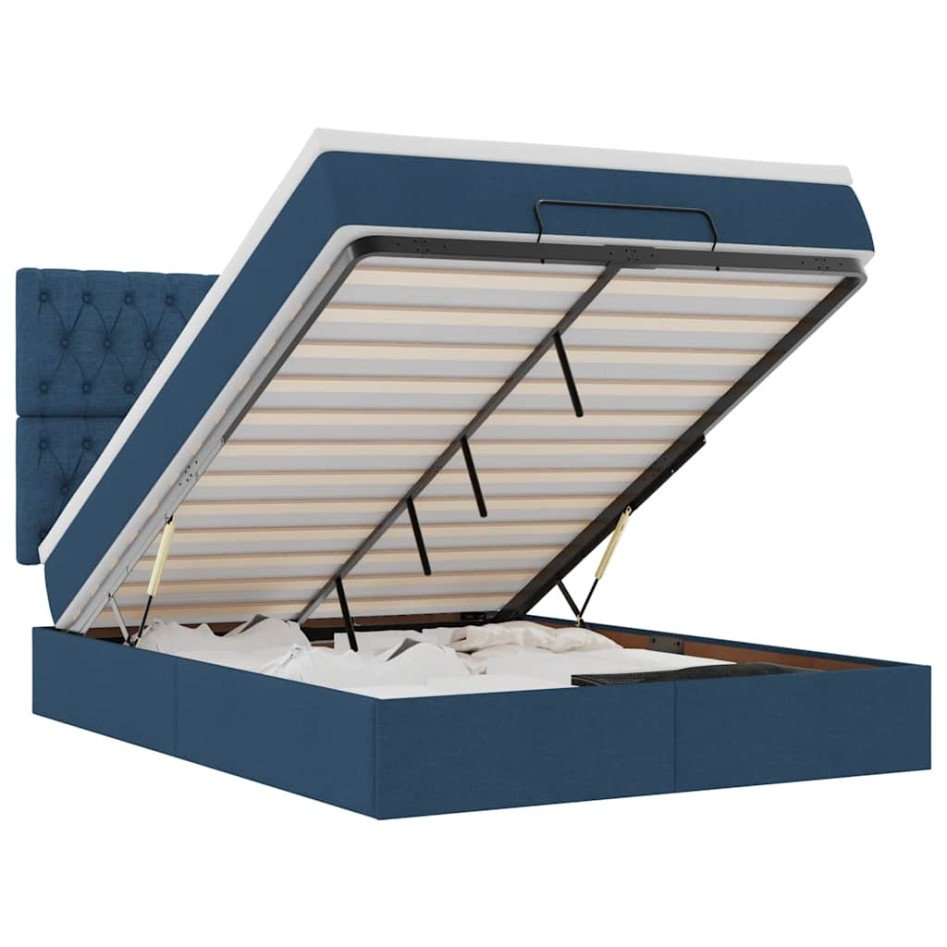 Estructura de cama otomana colchón tela azul pardo