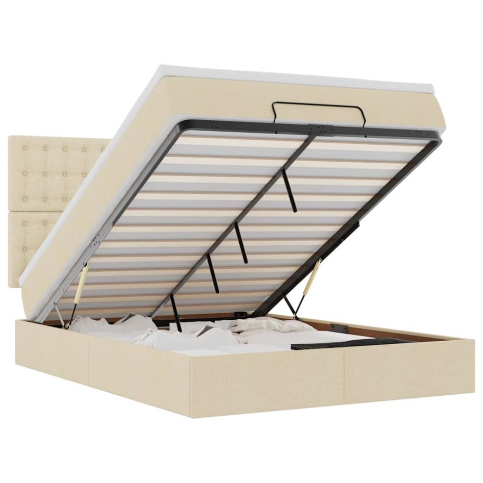 Estructura de cama otomana con colchón tela crema