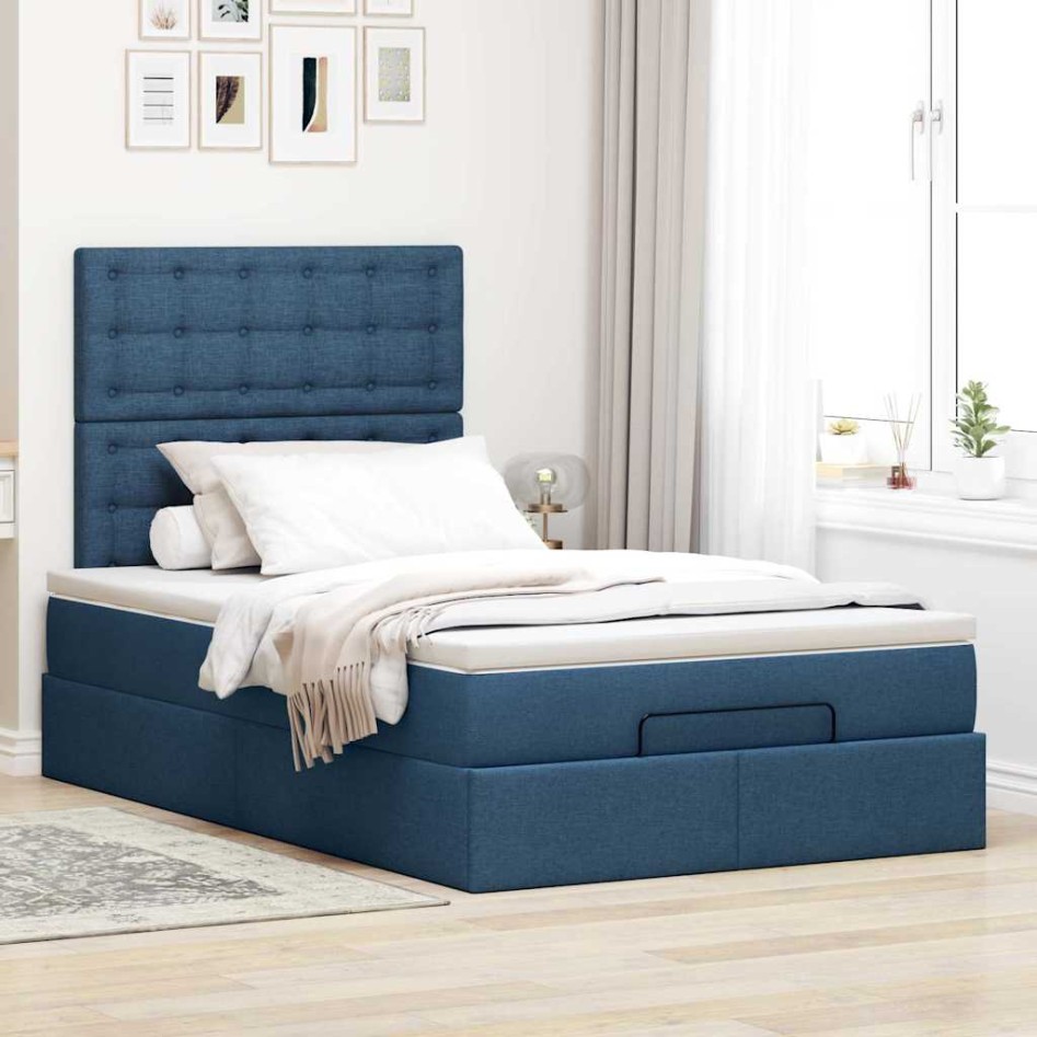 Estructura de cama otomana con colchón tela azul