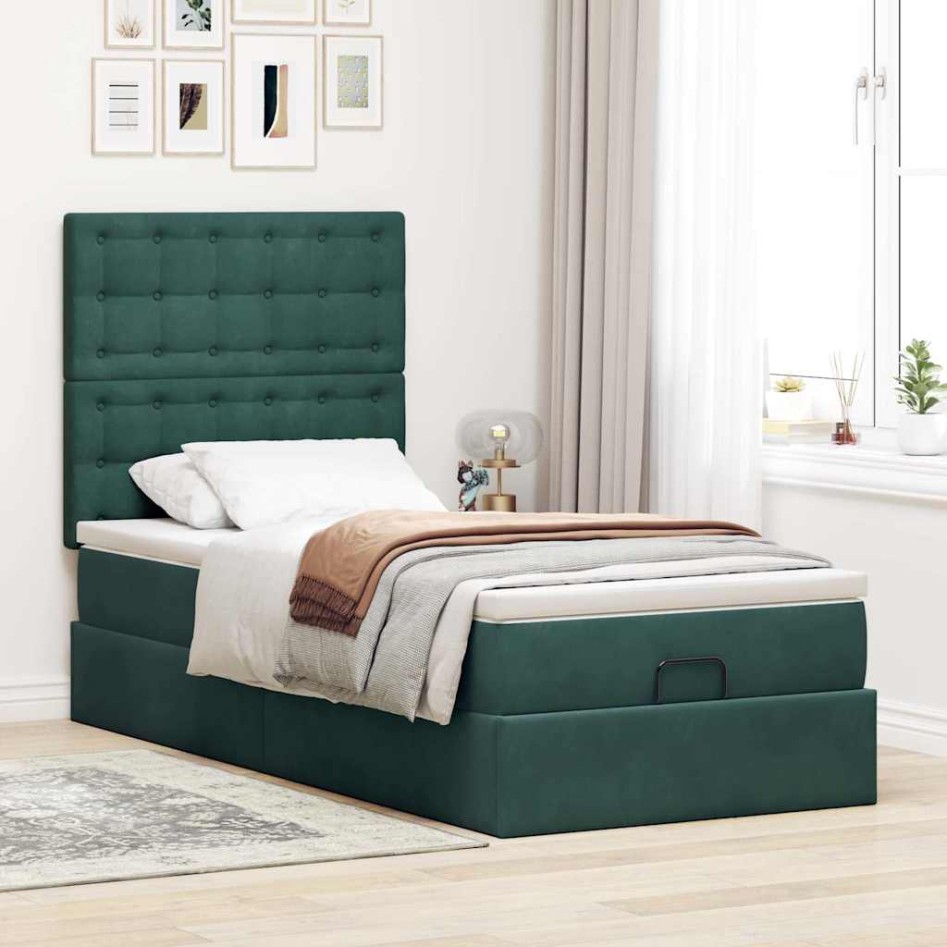 Estructura de cama otomana colchones terciopelo verde