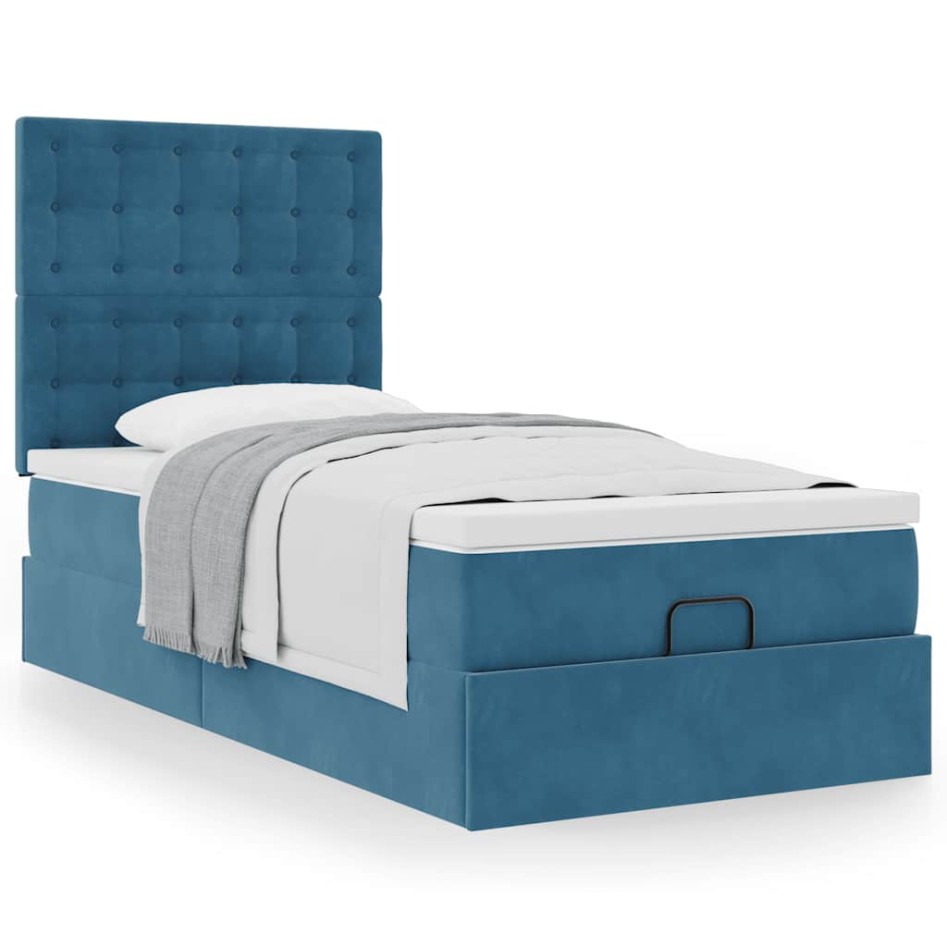 Estructura de cama otomana con colchones terciopelo azul