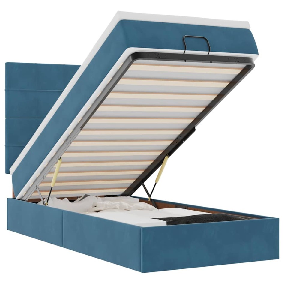 Estructura de cama otomana colchones terciopelo azul