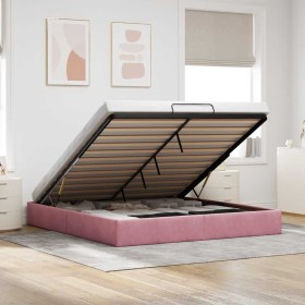Estructura cama otomana sin colchón terciopelo rosa 160x200