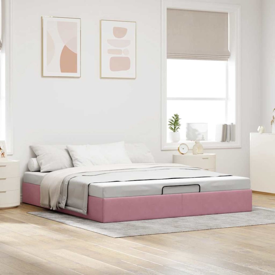 Estructura cama otomana sin colchón terciopelo rosa 160x200