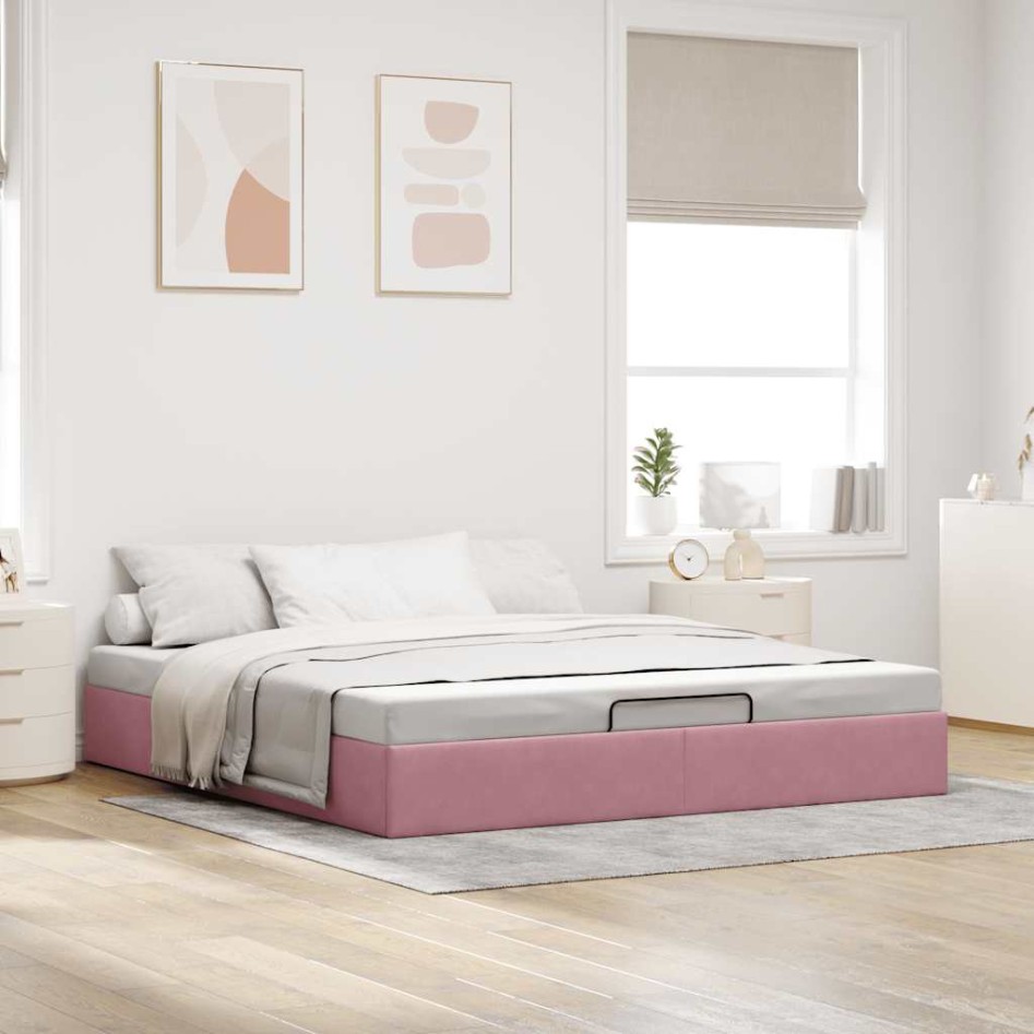 Estructura cama otomana sin colchón terciopelo rosa 180x200