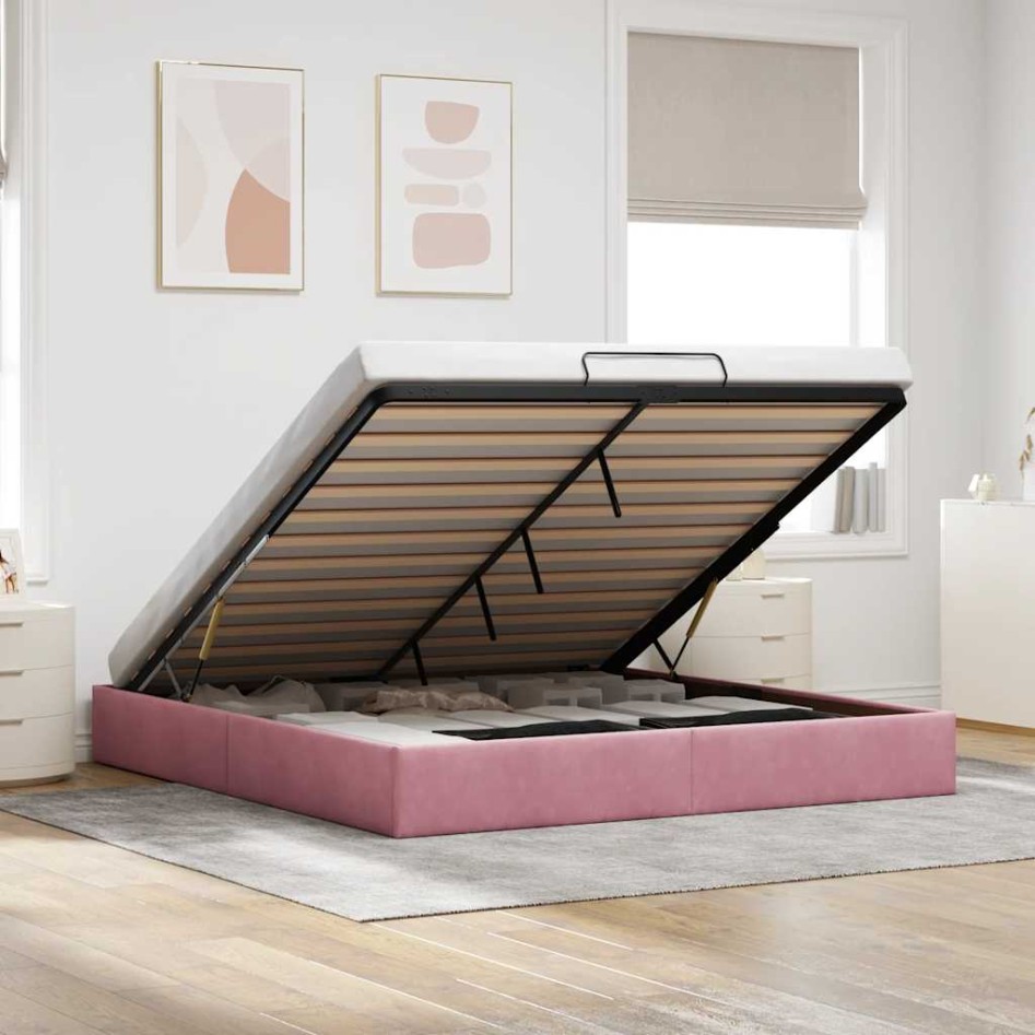 Estructura cama otomana sin colchón terciopelo rosa 200x200
